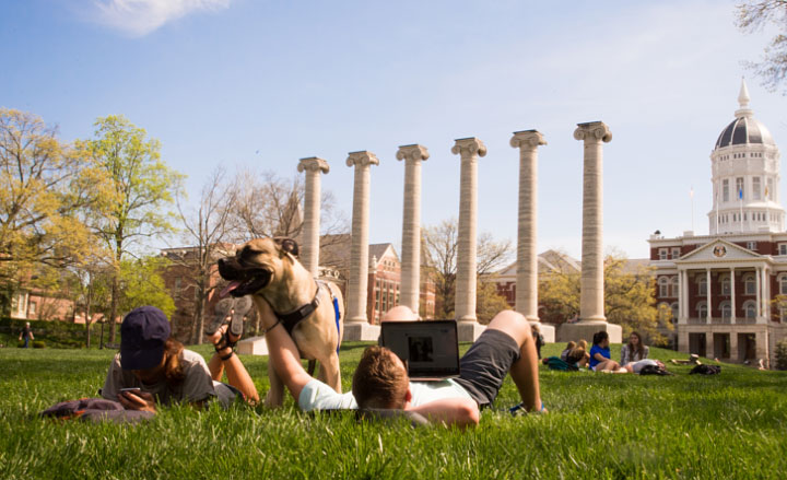 Students and dog relaxing on grass near The Columns on Francis Quadrangle